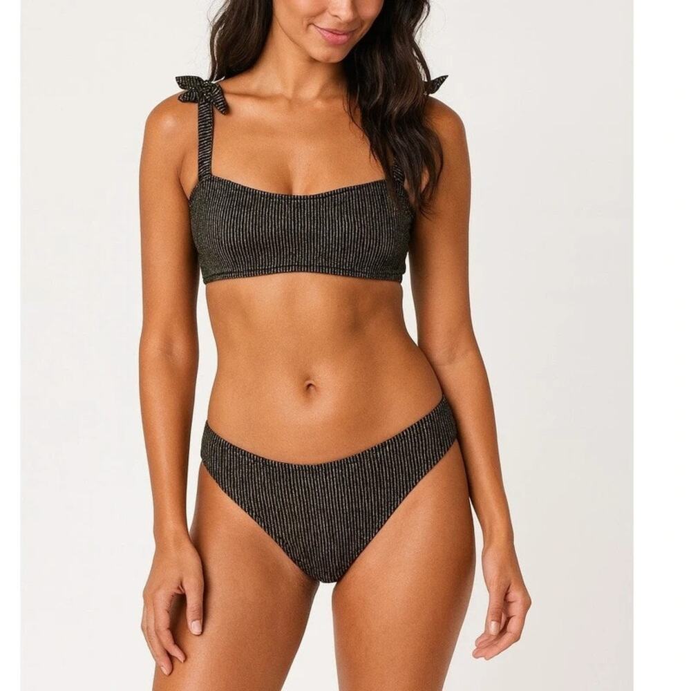 NWT INGEAR Bikini Set Womens Size L Black Gold Metallic Ribbed Swimwear